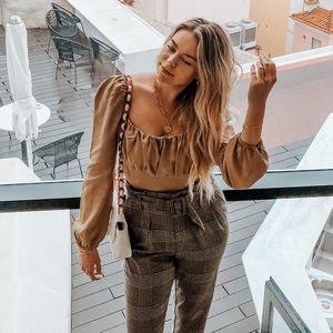 LANI the Label tan body suit with puffed shoulder detail